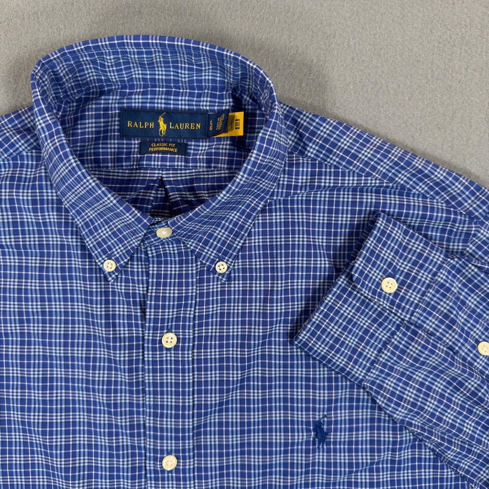 Ralph Lauren Classic Fit Performance Plaid Button Down Shirt Blue Mens Large